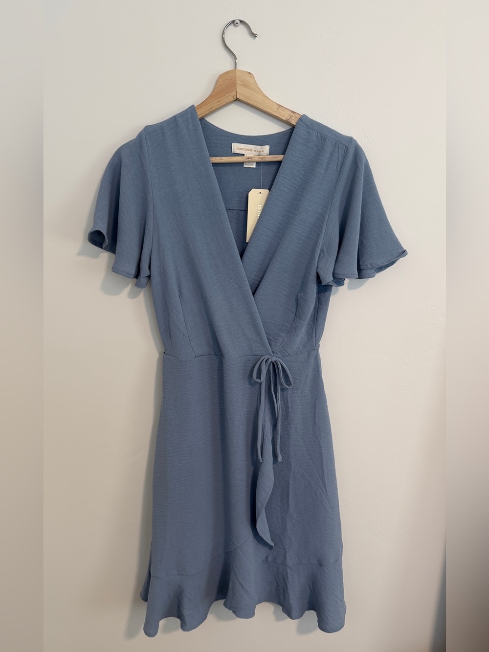 Monteau Small Women’s Dusty Blue Flutter Sleeve Wrap Dress